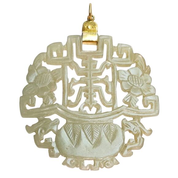Vintage 14K Gold Nephrite Jade Carved Pendant - Auspicious Symbols - Picture 4 of 5